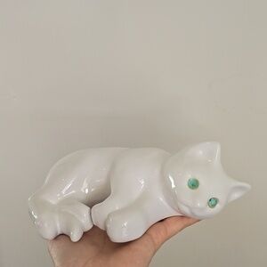Vintage ELPA Alcobaca Glass Eye Ceramic Cat Figurine Portugal White Green Eyes
